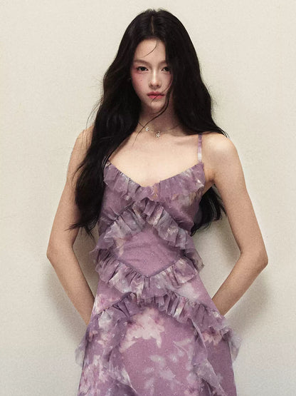 1P - Purple Ombre Floral Ruffle Maxi Dress