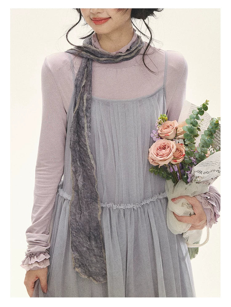 "Morning Veil" Morning Mist Purple Tiered Mesh Slip Midi Dress