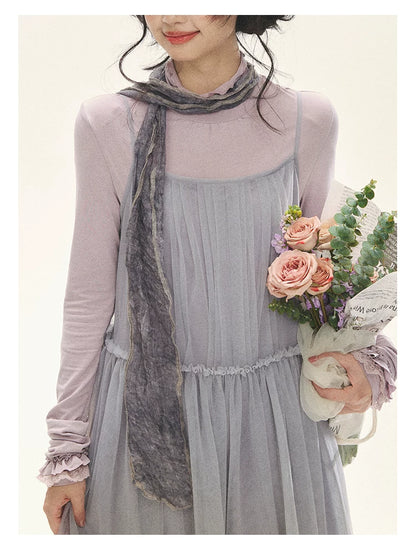 "Morning Veil" Morning Mist Purple Tiered Mesh Slip Midi Dress