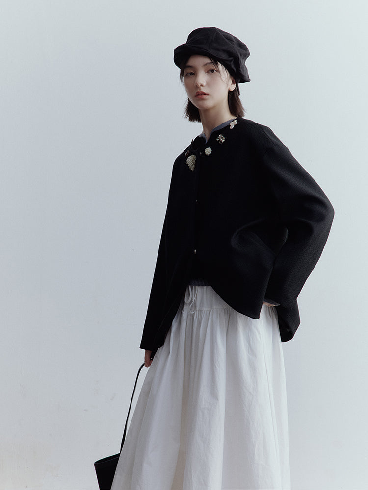 FUSSED Curious Museum Wool Tweed Jacket – Art Button Embellished in Elegant Black FOF-25SS131