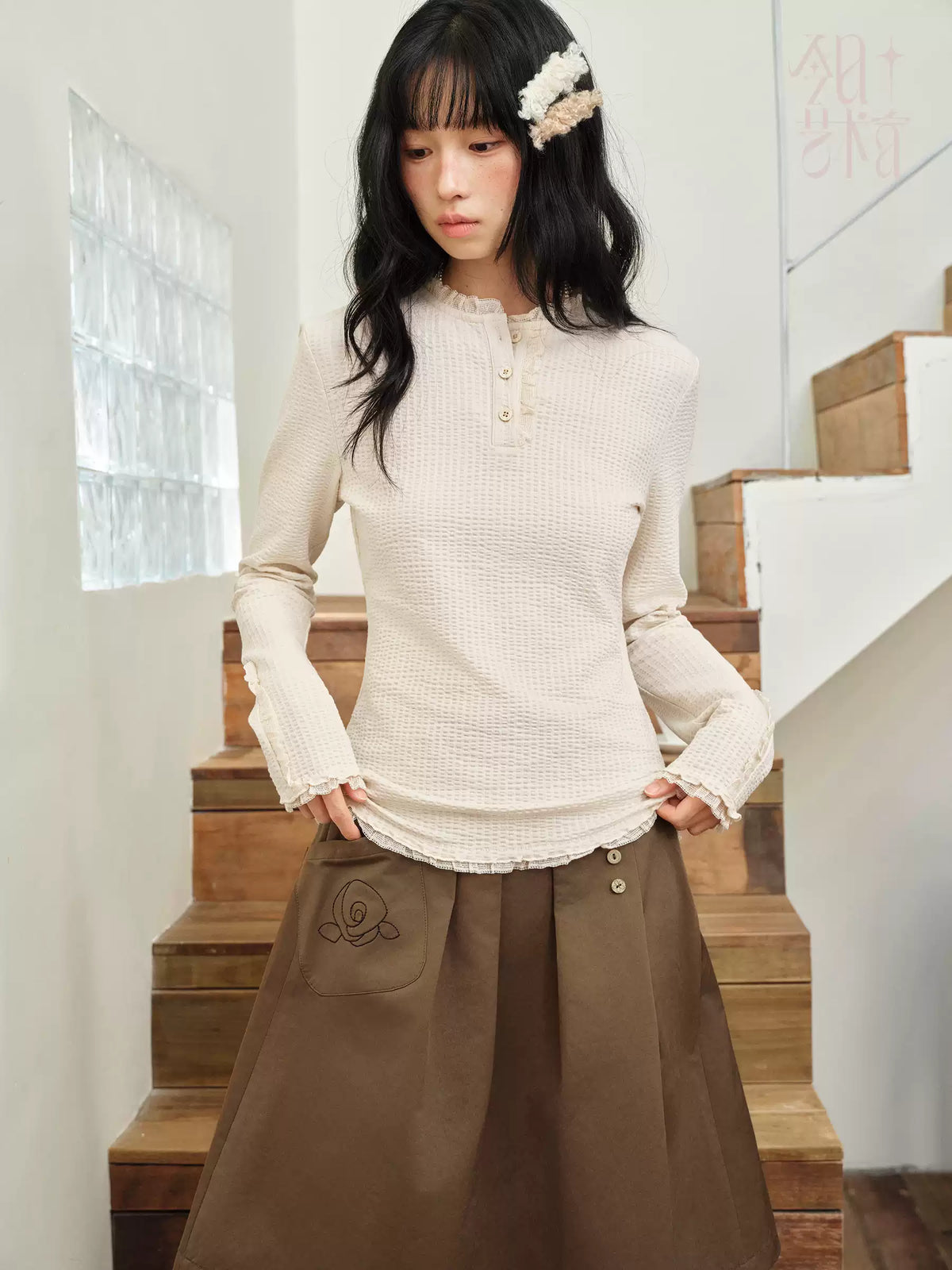 DAILY ARTIST - Cream Beige Henley Bubble Gauze Lace-Trim Top