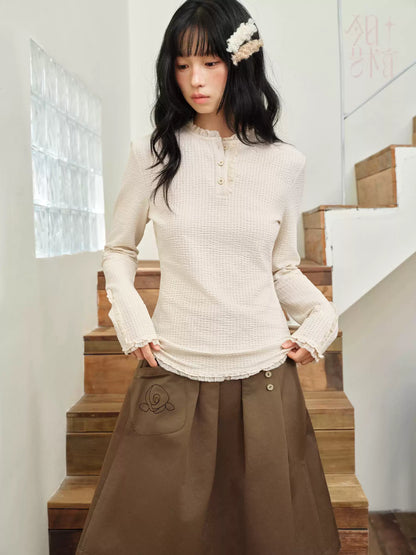DAILY ARTIST - Cream Beige Henley Bubble Gauze Lace-Trim Top
