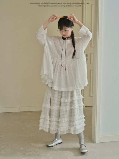 "Soft Polka Whisper" White Long Sleeve Babydoll Midi Dress