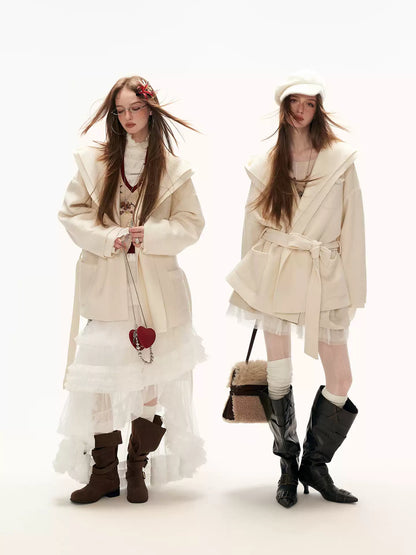 MAMC - White Double-Hood Wool Blend Tie Coat WE896