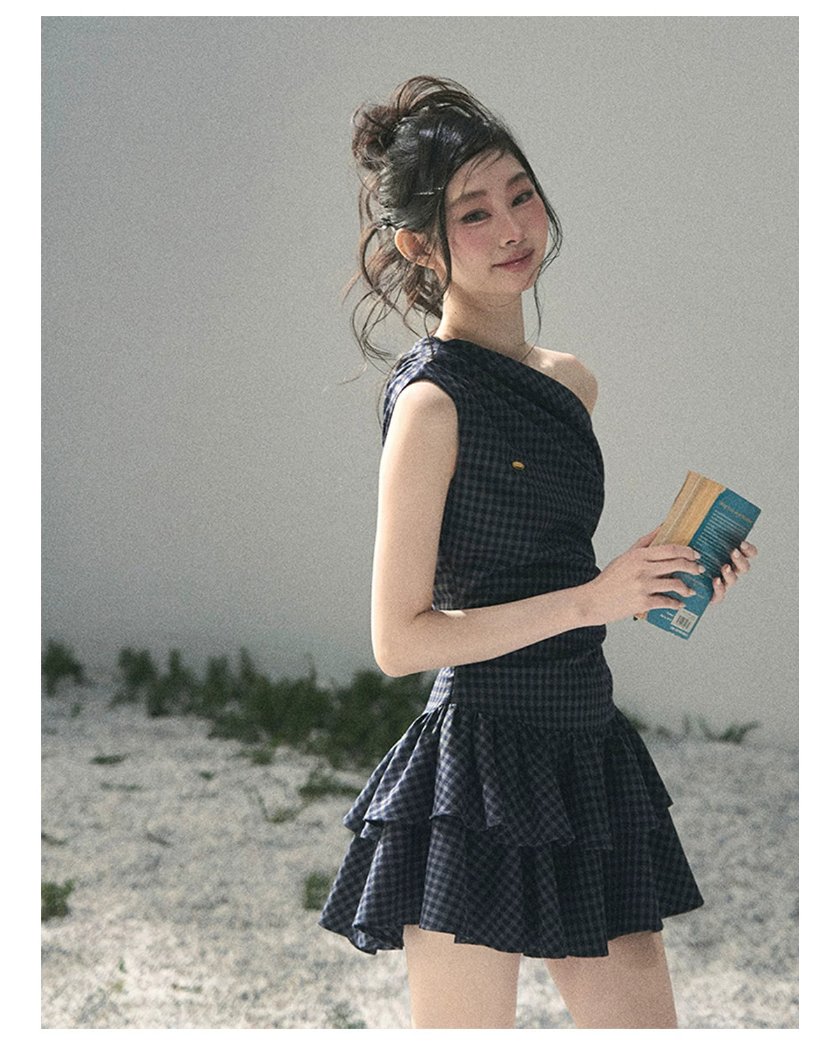 "Moonlit Bellflower Reverie" Navy Plaid One-Shoulder Mini Dress 567474