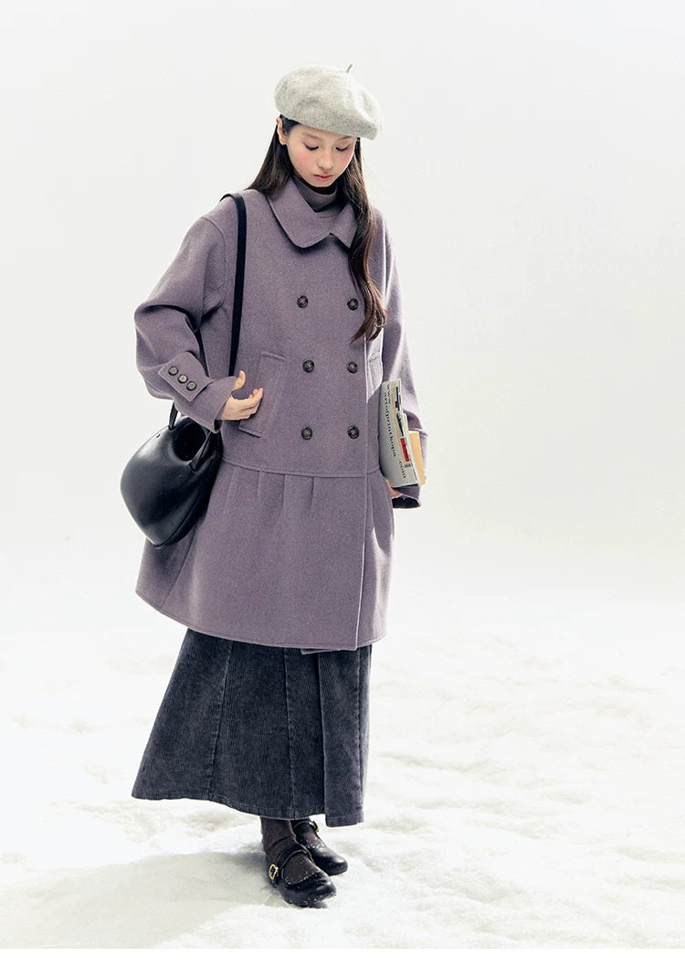 "Winter Chime" Double-Breasted Quilted Wool-Blend Coat (Smoky Purple/ Ash Gray)