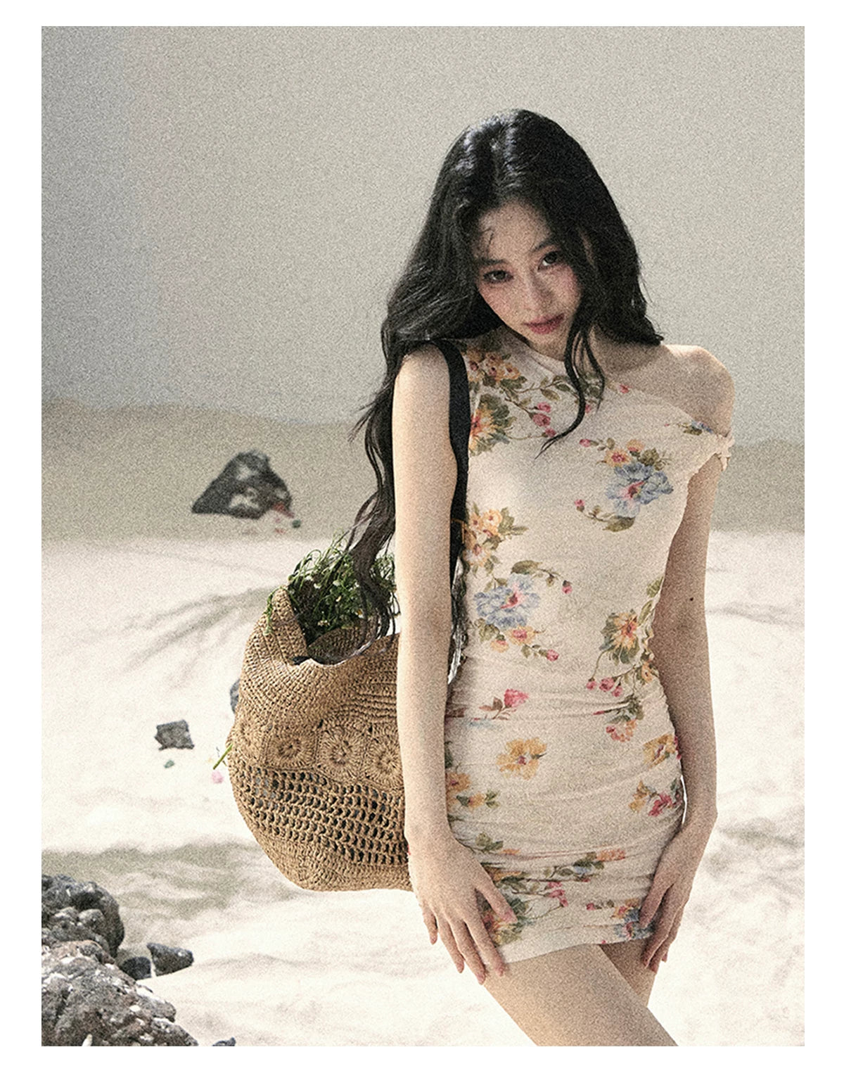 "Waiting for Blossoms" Dutch Cream Floral Ruched Mini Dress 43236