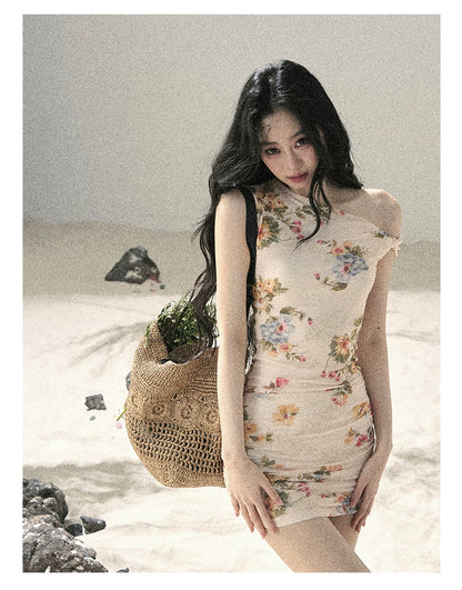 "Waiting for Blossoms" Dutch Cream Floral Ruched Mini Dress 43236