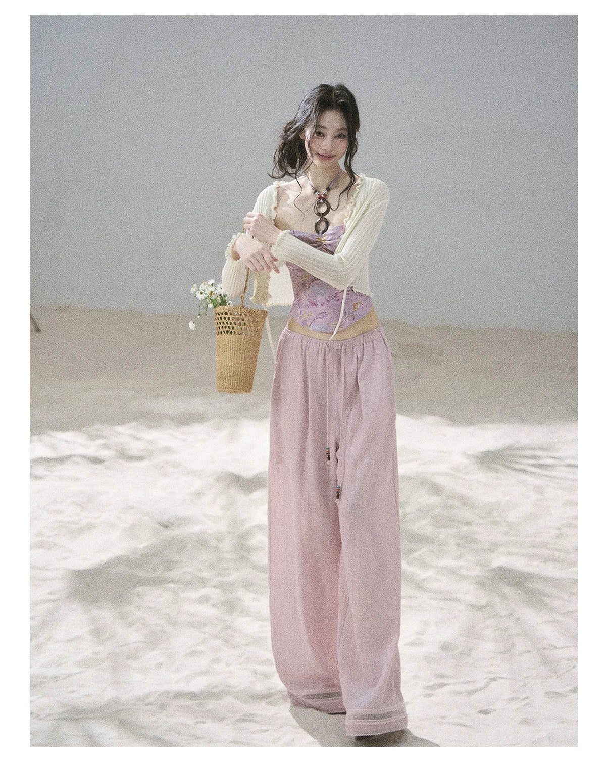 "Follow the Sea Breeze" Lightweight Straight-Leg Wide-Leg Pants (Lotus Pink/ Gray Sage Green/ Gray Blue)