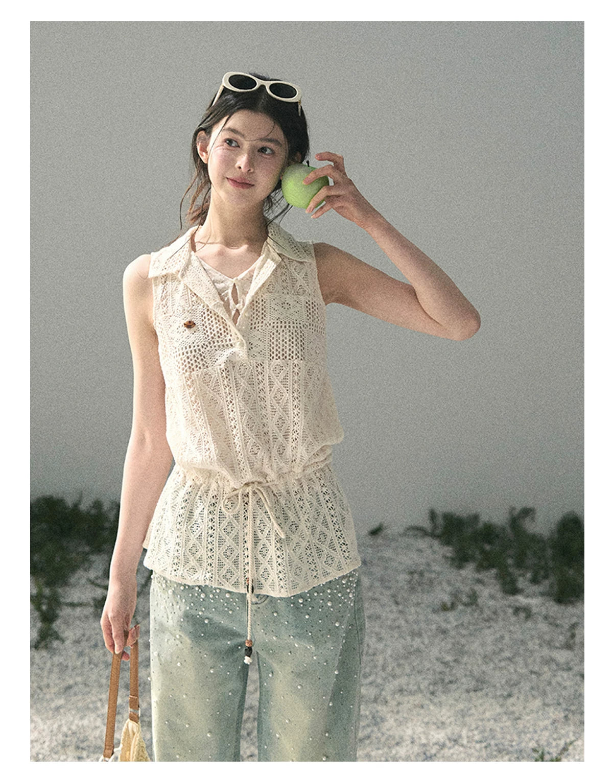 “Summer Breeze Kissing the Hem” Ivory Lace Layered Sleeveless Top