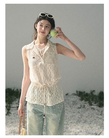 “Summer Breeze Kissing the Hem” Ivory Lace Layered Sleeveless Top