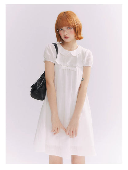 “Lace Sleep Song” White Embroidered Puff Sleeve Babydoll Dress