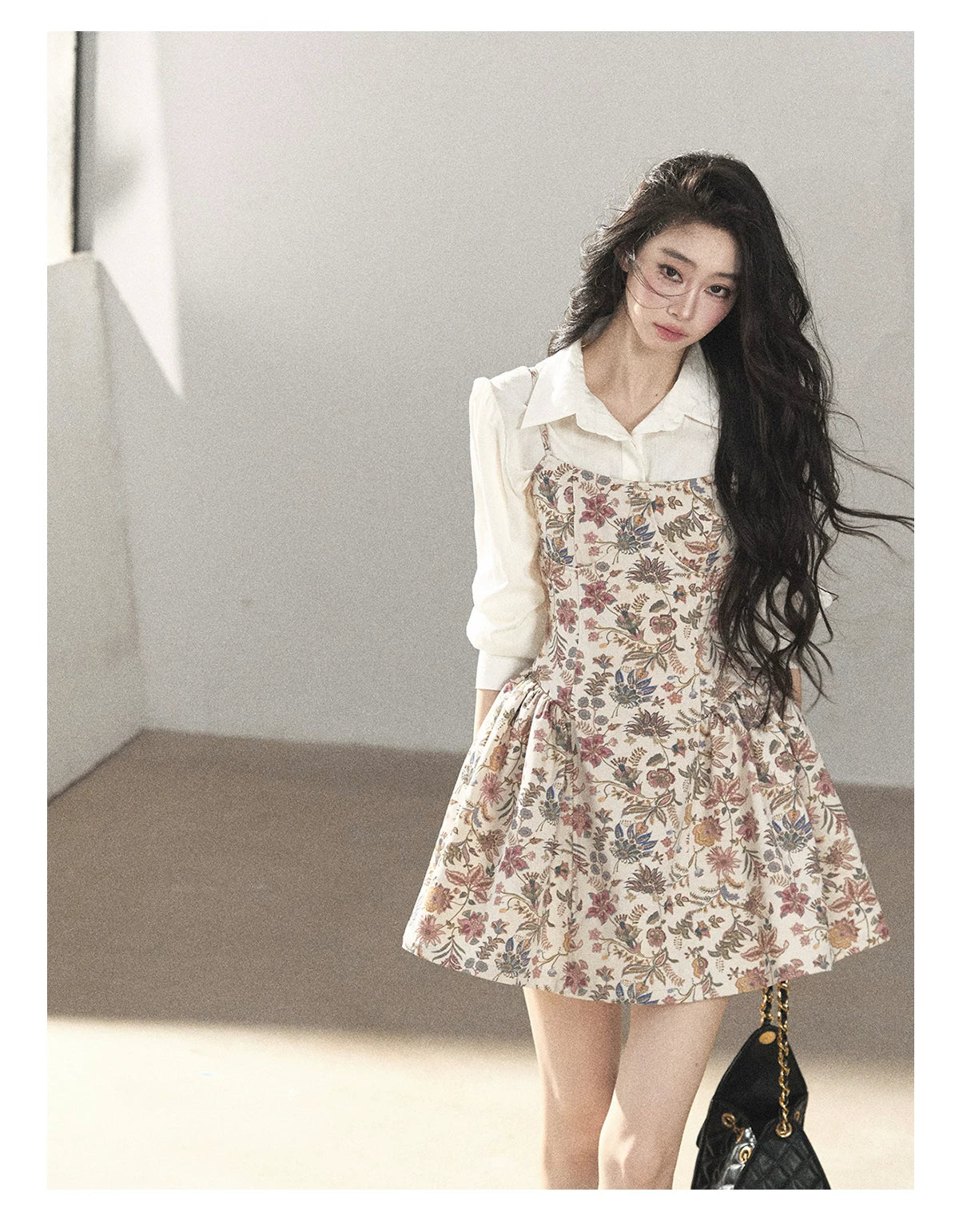 AOMALM - Dutch Cheese Floral Mini Dress & Creamy White Blouse Set