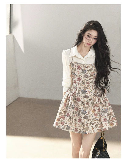 AOMALM - Dutch Cheese Floral Mini Dress & Creamy White Blouse Set