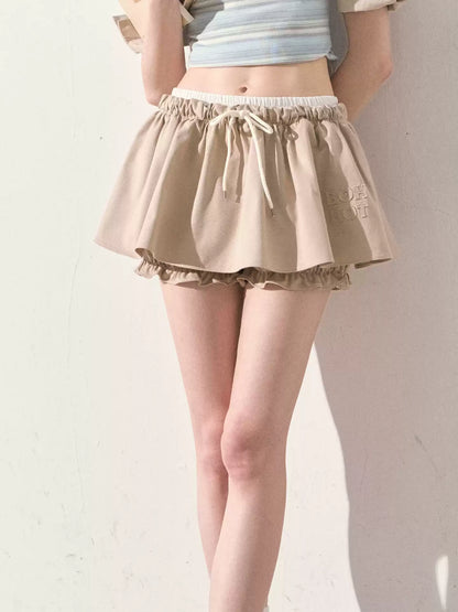 "The Space Between" Beige Drawstring Bubble Mini Skirt