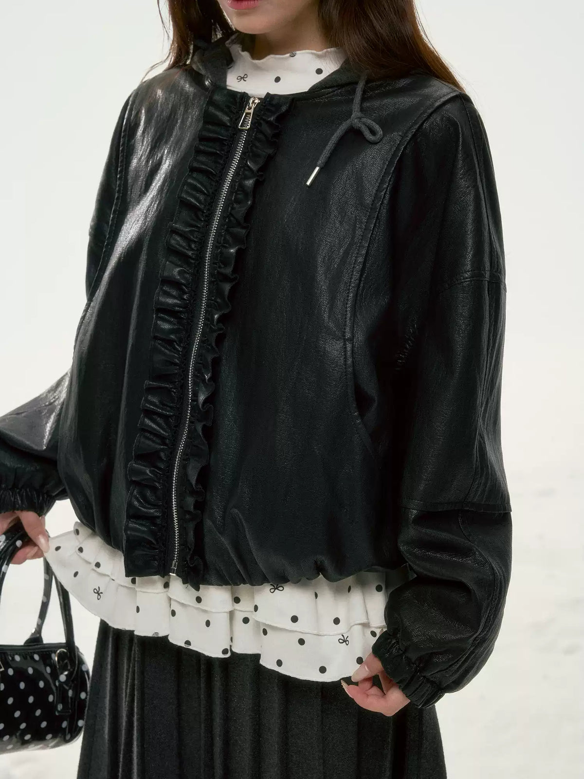 BIBIBENCY - Black Ruffle-Trim Faux Leather Jacket
