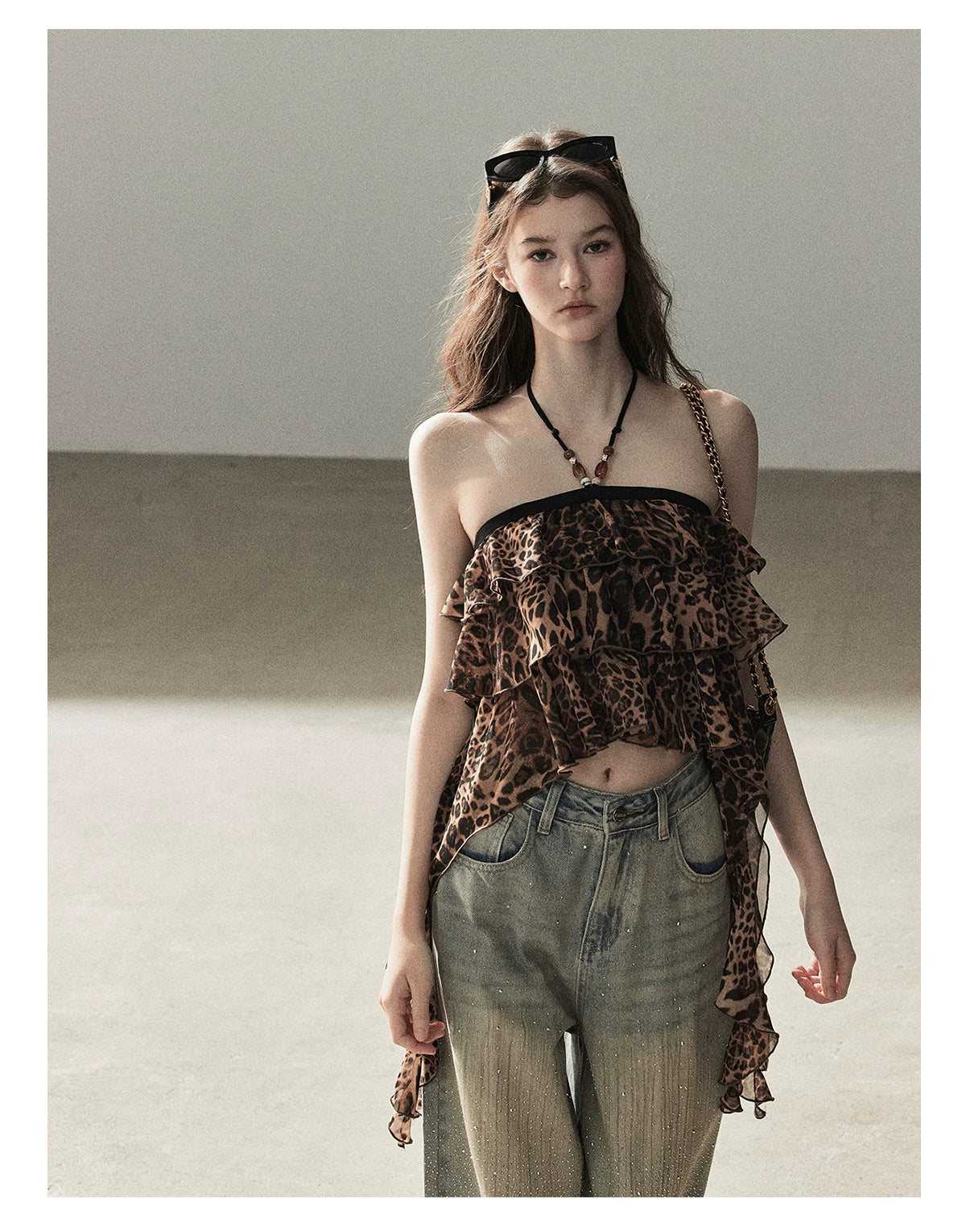 "Chasing the Sunset" Chestnut Brown Leopard Halter Ruffle Crop Top