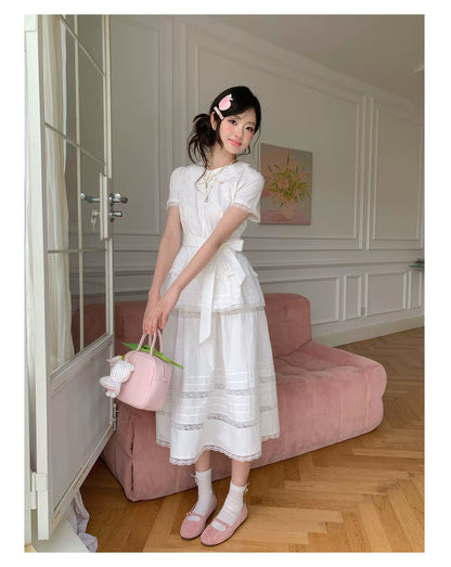 “Midsummer Blossom Letter” White Floral Cake Skirt Set