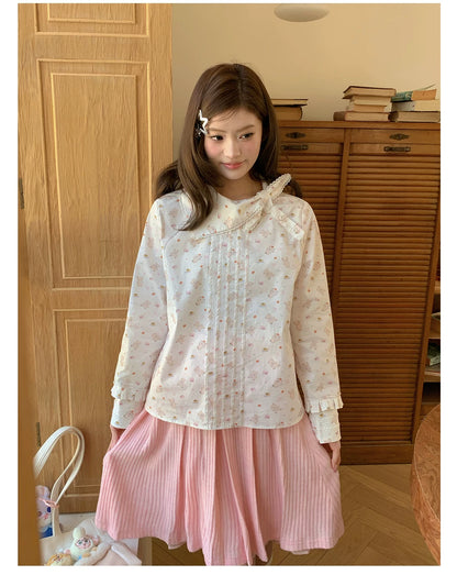 “Pudding Bear Letter” White Teddy Print Lace Blouse