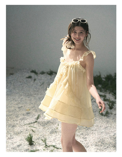 “Tenderly Entwined” Soft Butter Yellow Ruffle Babydoll Dress 4563543