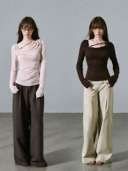 LOST FOREST - Dark Walnut Brown Ruched Wool Blend Top
