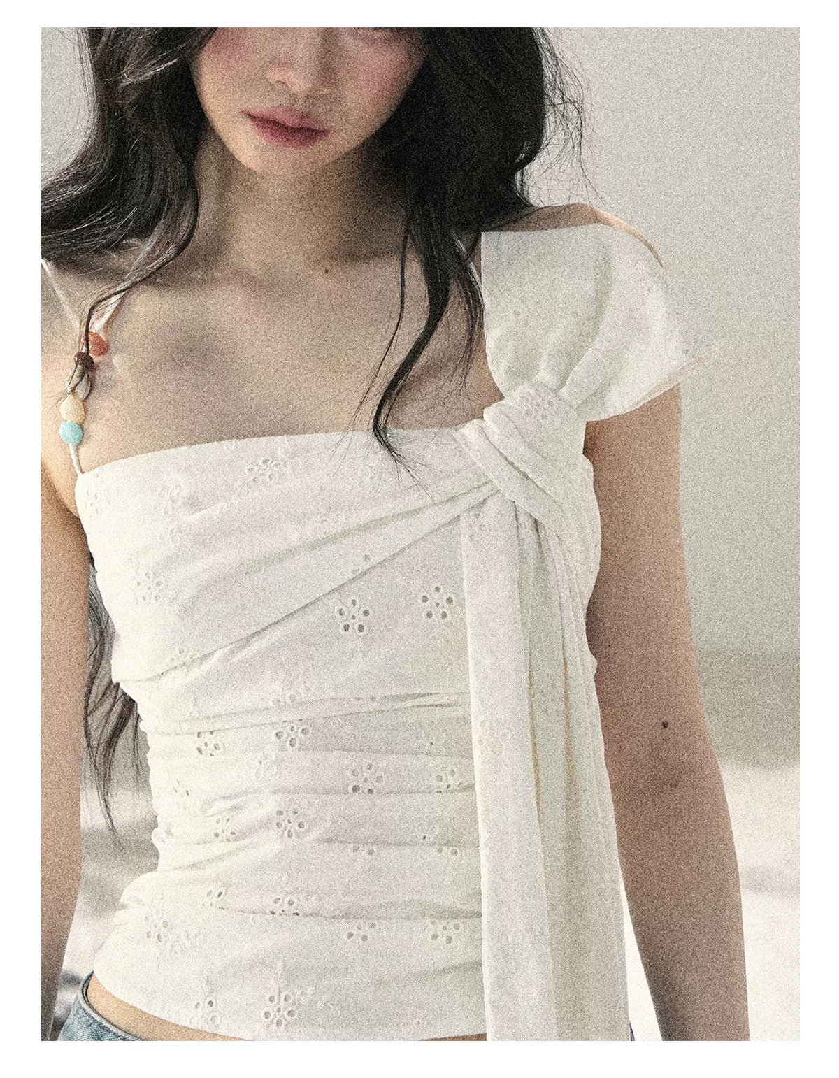 "Fragments of Tenderness" Frost White Halter Twist Crop Top