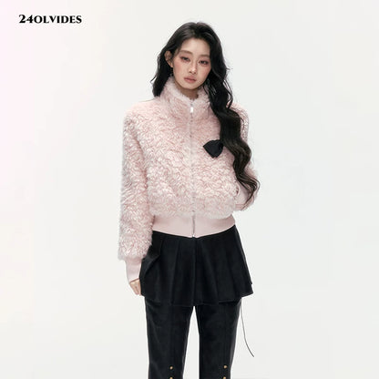 24olvides - Pink Faux Shearling Stand Collar Jacket