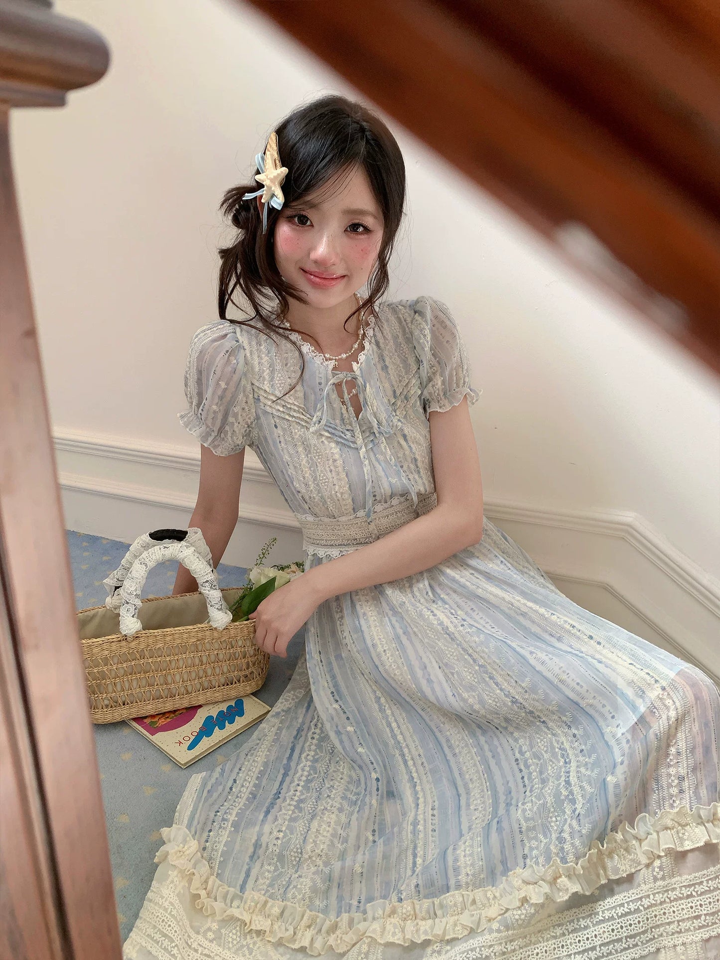 “Forest Dream Weave” Blue Lace Embroidered Maxi Dress