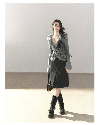 AOMALM - Pearl Gray V-Neck Knit Top with Ruffle Hem | Cropped Fit