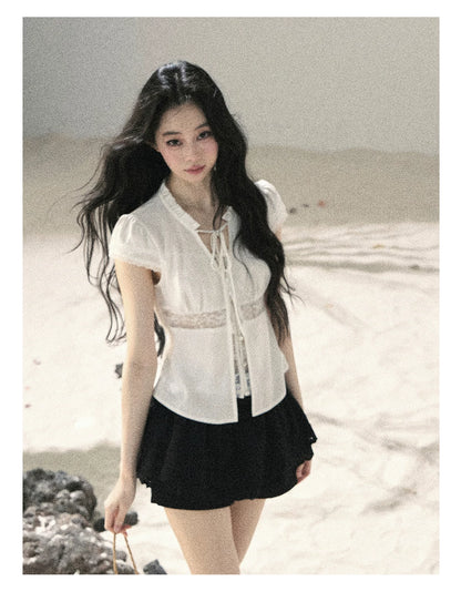 "Lace Between the Lines" Frost White Faux-Layer Cropped Shirt