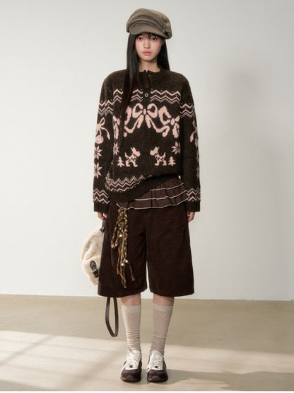 Soote Season - Fair Isle Cinnamon Bow Henley Knit Sweater