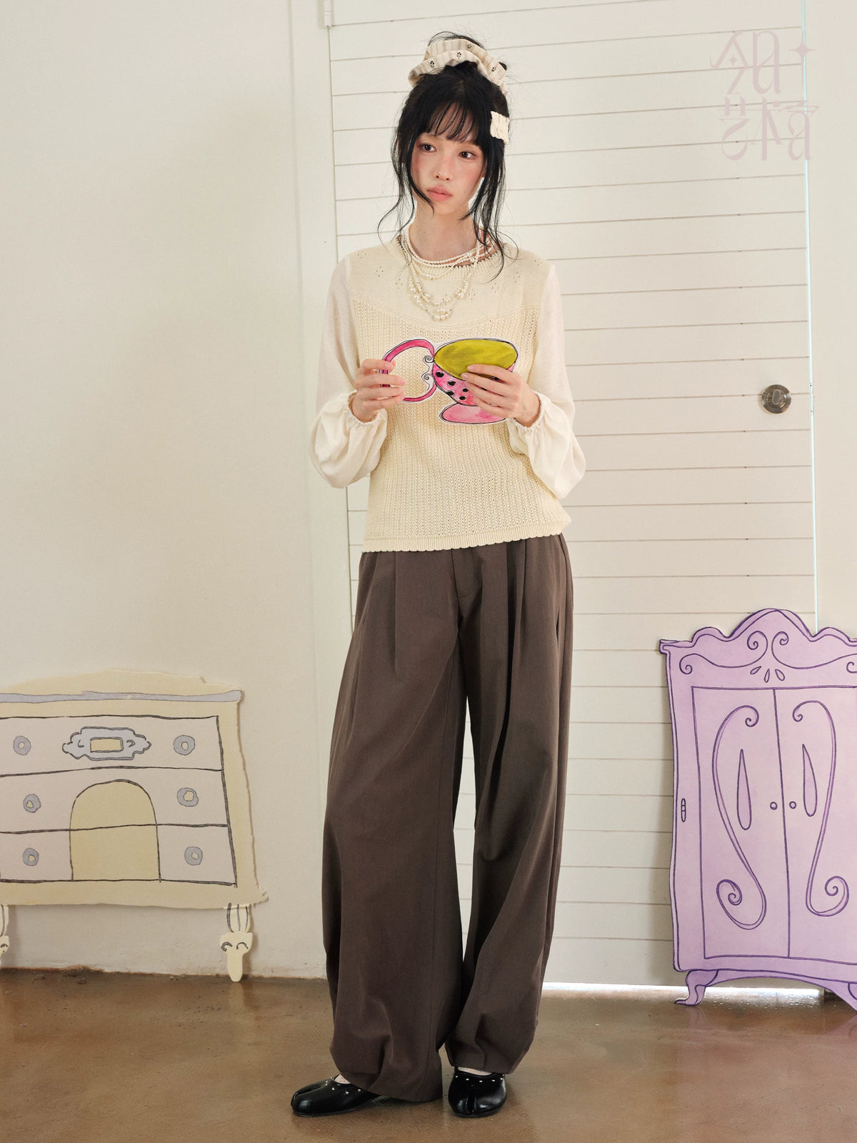 DAILY ARTIST - “Soft Woven Wind” Silk-Wool Sheer Sleeve Knit Top (Brown / Beige)