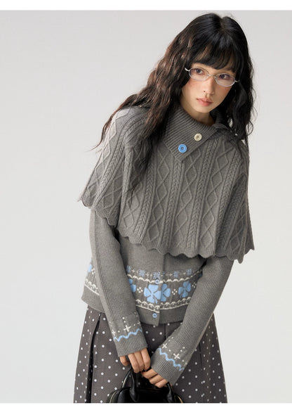 [CAN] "Witch's Wings" Gray Jacquard Knit Set (Cape Shawl / Cardigan)