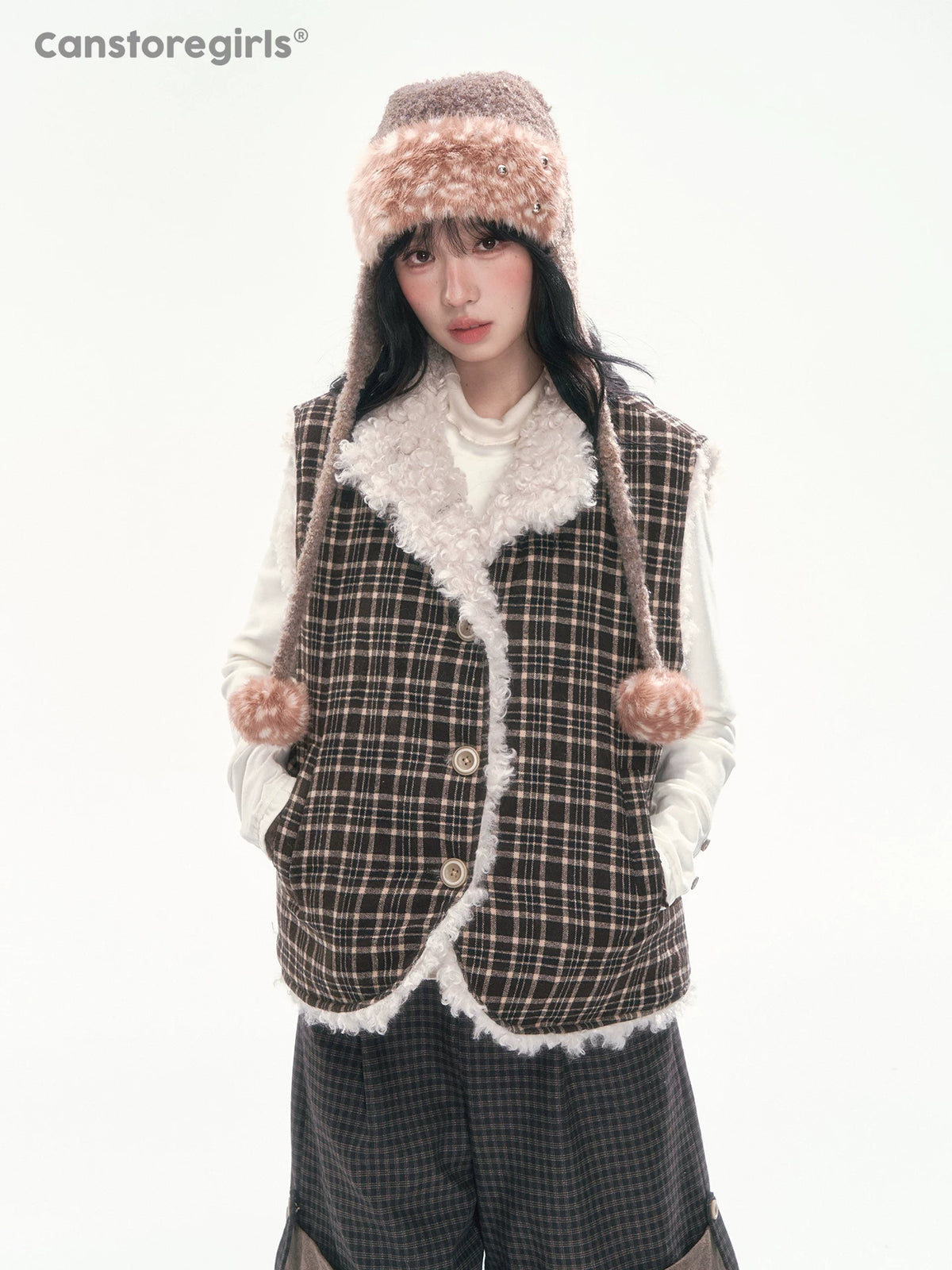 CAN - "The Velvet Alcove" Light Coffee Brown Reversible Plaid Shearling Vest