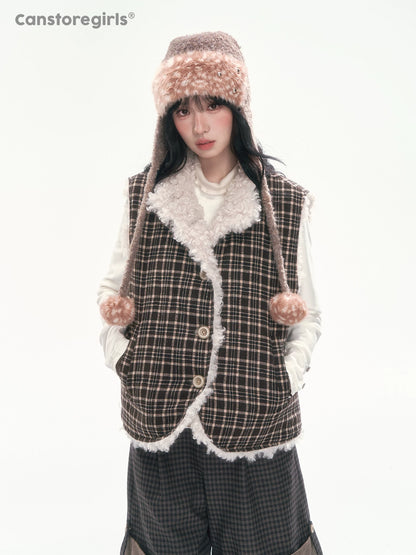 CAN - "The Velvet Alcove" Light Coffee Brown Reversible Plaid Shearling Vest