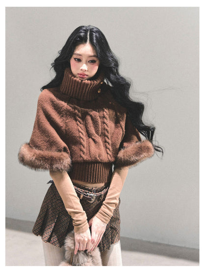 少也眼 “Only She Remains Awake" Brown Mohair High-Neck Knit Sweater (with detachable faux fur)