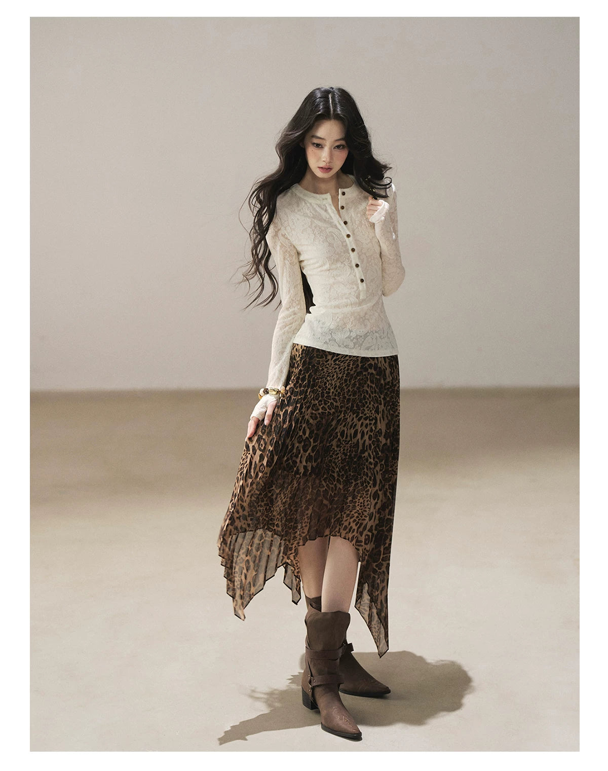 AOMALM - “Cocoa Leopard” Pleated Asymmetric Midi Skirt