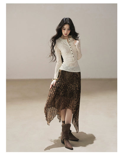 AOMALM - “Cocoa Leopard” Pleated Asymmetric Midi Skirt
