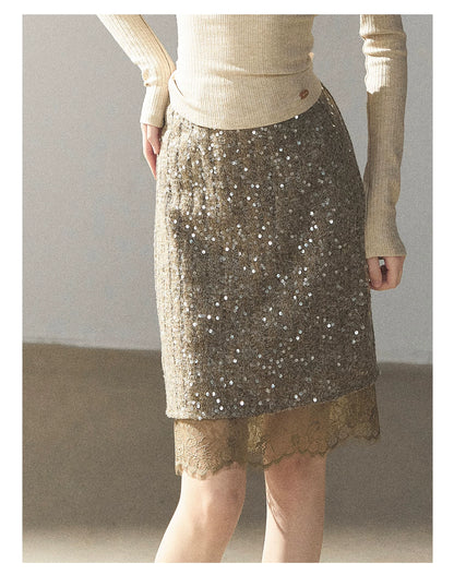 AOMALM - Gray Taupe Brown Sequin Lace Midi Skirt