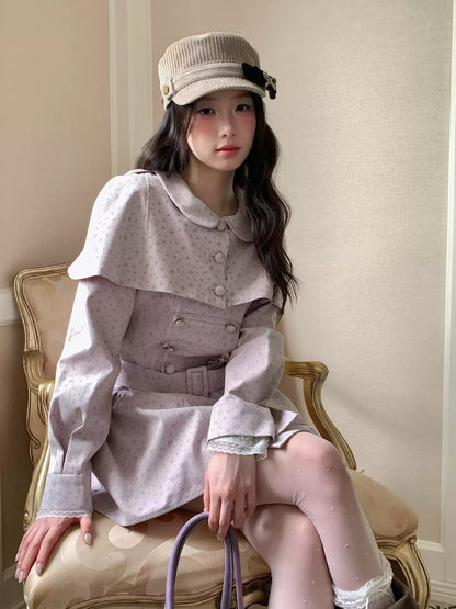 [RF] “Taro Cloud” Pink Double-Breasted Waist-Defined Cape Coat