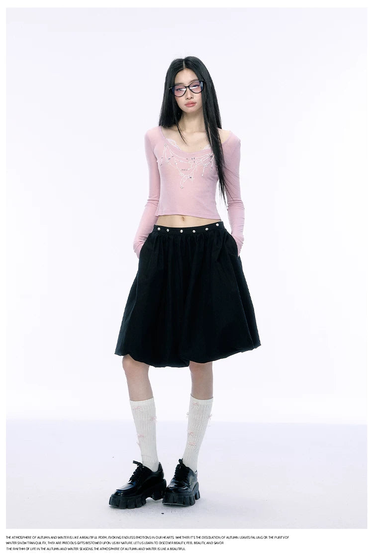 JN's DESIGN - Fitted Lace Long-Sleeve Top with Pearl Rhinestones