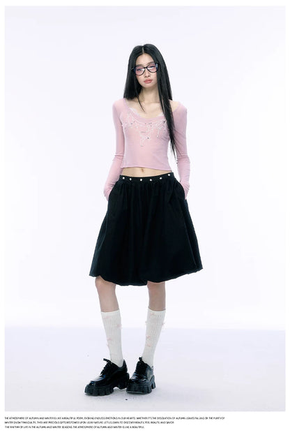 JN's DESIGN - Fitted Lace Long-Sleeve Top with Pearl Rhinestones