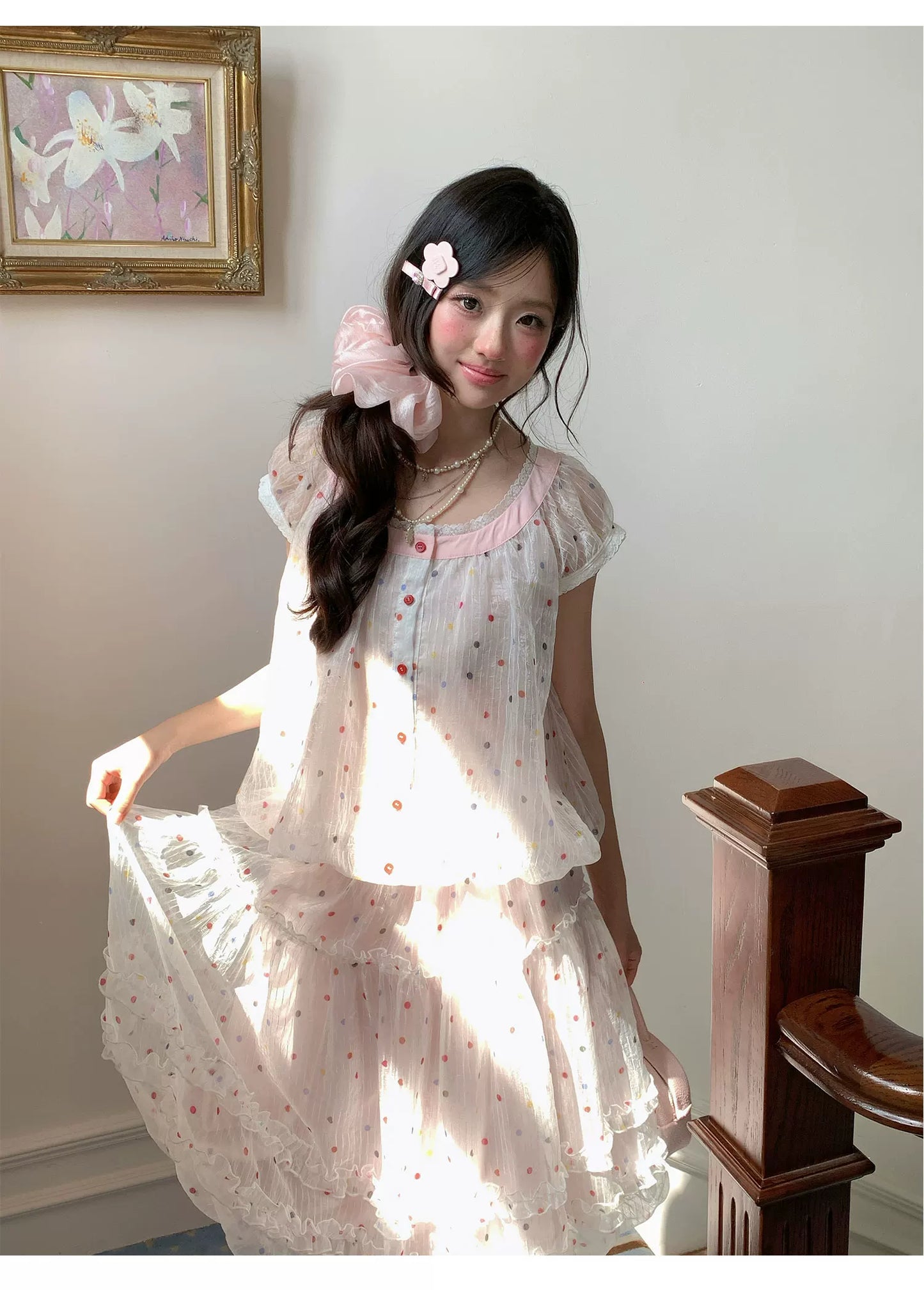 “Strawberry Boba Daydream” Pink Polka Dot Bubble Skirt Set