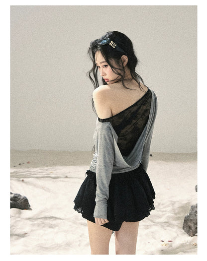 "Free Spirit" Moon Mist Gray Faux-Layer One-Shoulder Lace Top