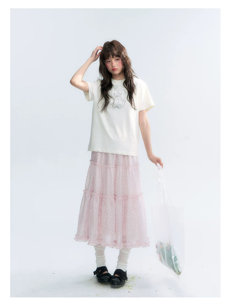 "Garden Kitty" Ivory Embroidered Cat Cotton T-Shirt