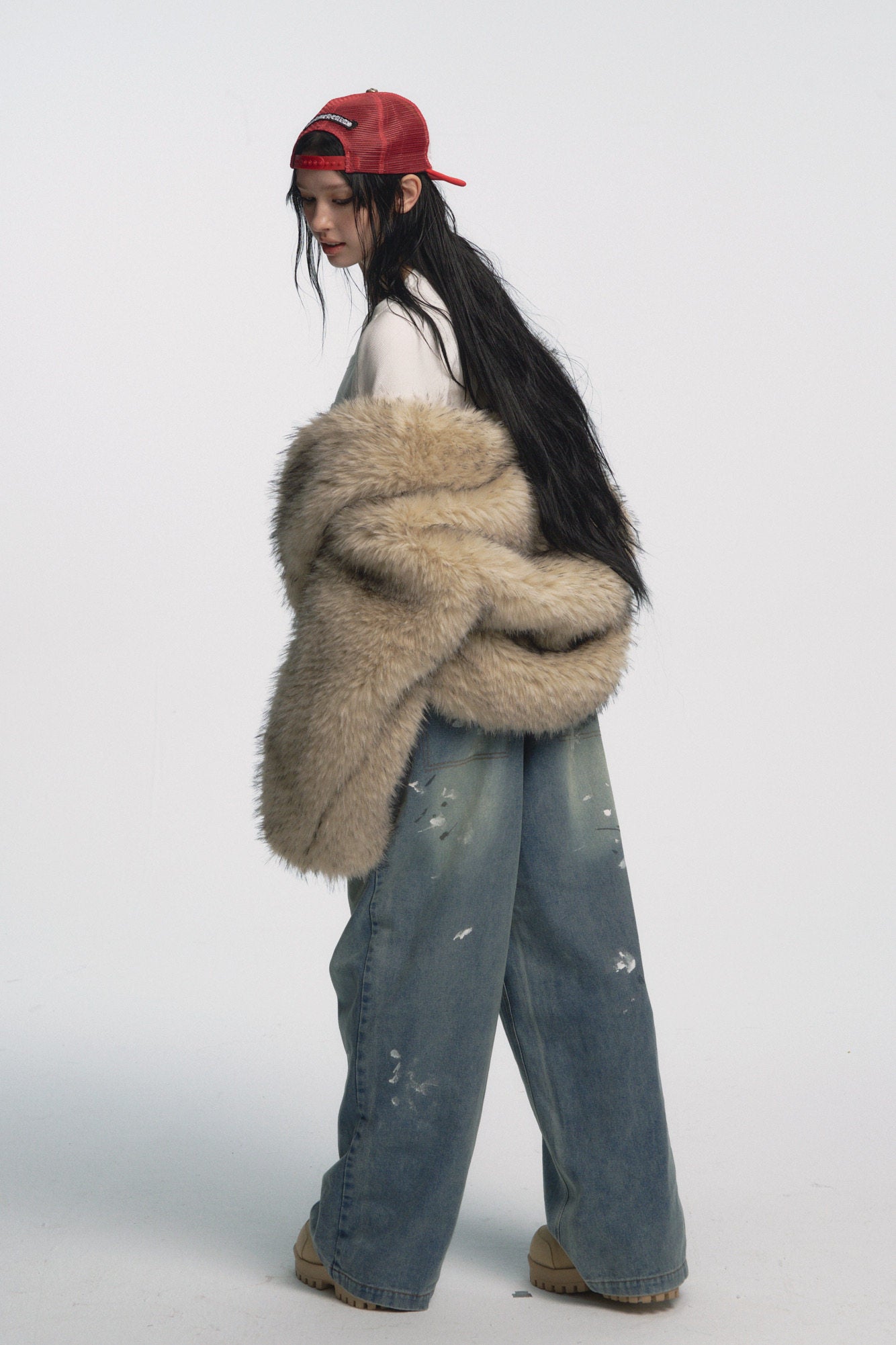 Muirgen - Y2K Mid-Low Rise Paint-Wash Loose Cargo Denim Pants - Paint-Wash Denim
