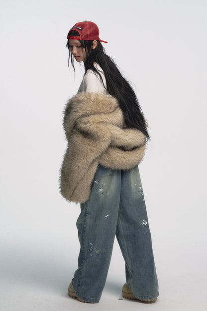 Muirgen - Y2K Mid-Low Rise Paint-Wash Loose Cargo Denim Pants - Paint-Wash Denim
