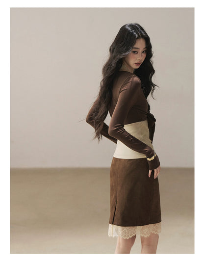 AOMALM - "Tender in This Moment" Rich Cocoa Faux Two-Piece Lace Top