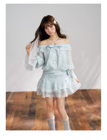 “Blue Meringue Reverie” Blue Off-Shoulder Cake Dress