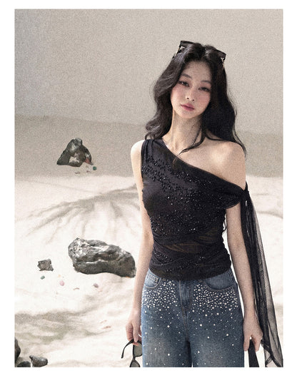 “Frosted Kiss” Quiet Black Crystal Mesh Sleeveless Top